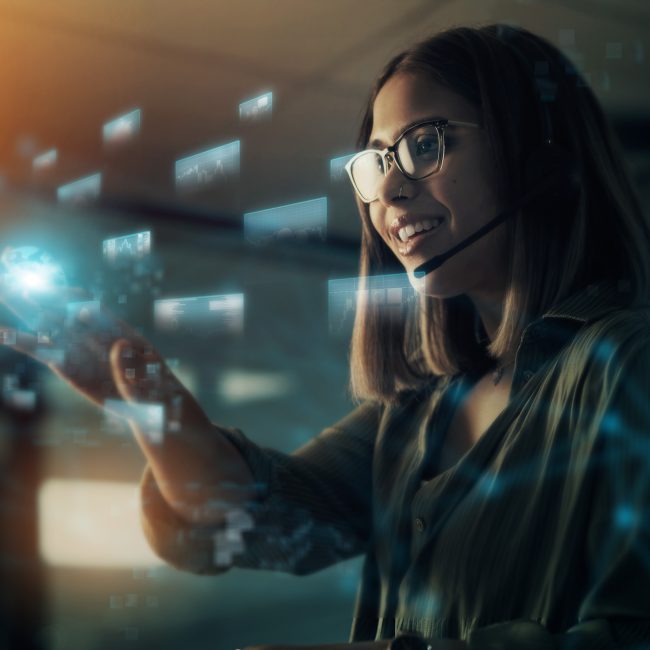 Creative businesswoman, hologram and digital transformation or icons at night in double exposure. Female employee working with big data, research or networking for future innovation in online startup